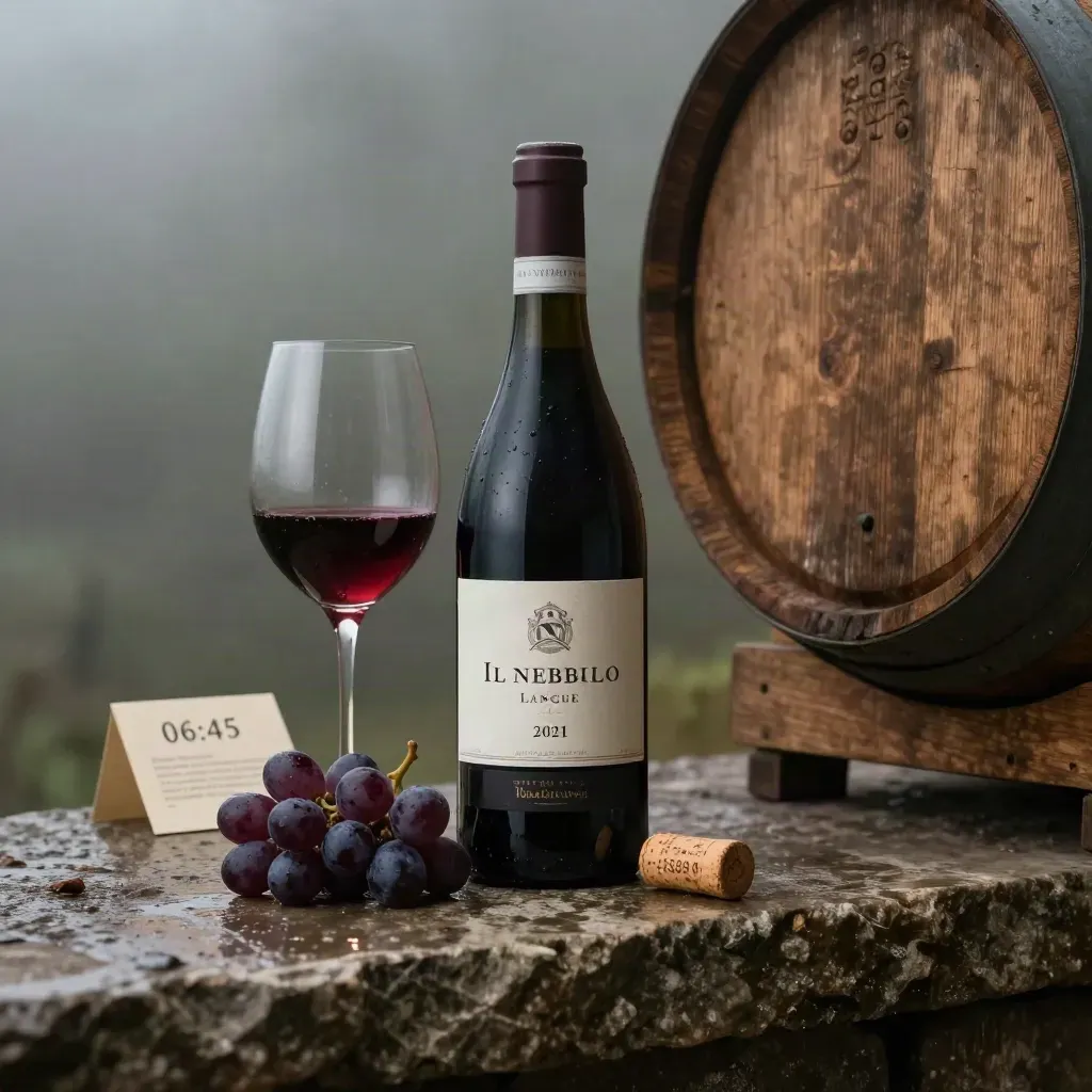 Bottiglia di Nebbiolo con calice, grappoli, tappo e testata di botte in una cantina umida.