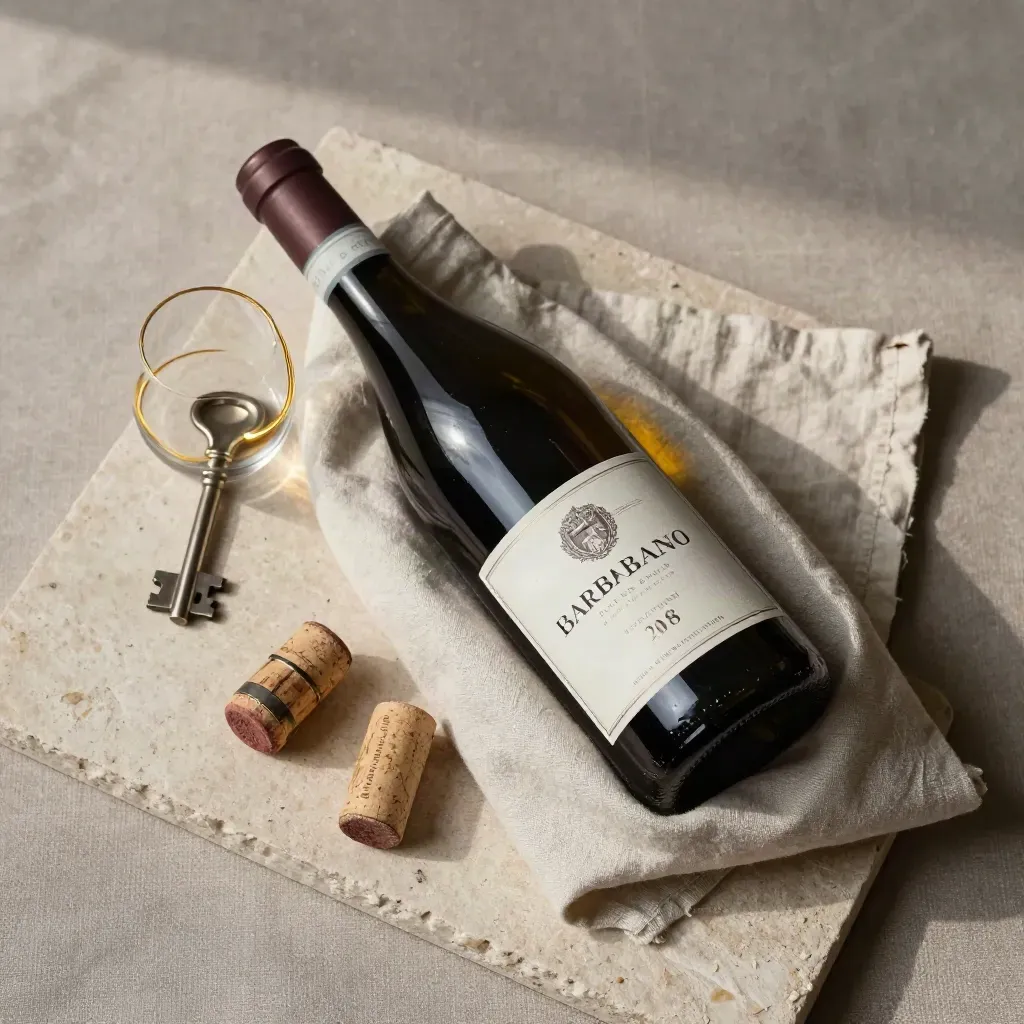 Bottiglia di Barbaresco Riserva avvolta nel lino con tappi, cerchio di botte e calice su pietra