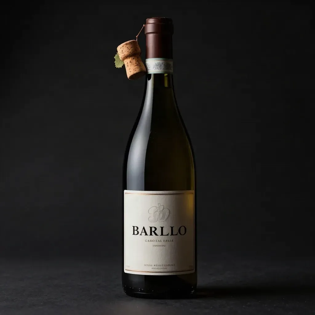 Bottiglia di Barolo nera con tappo e foglia di vite su sfondo scuro, luce radente