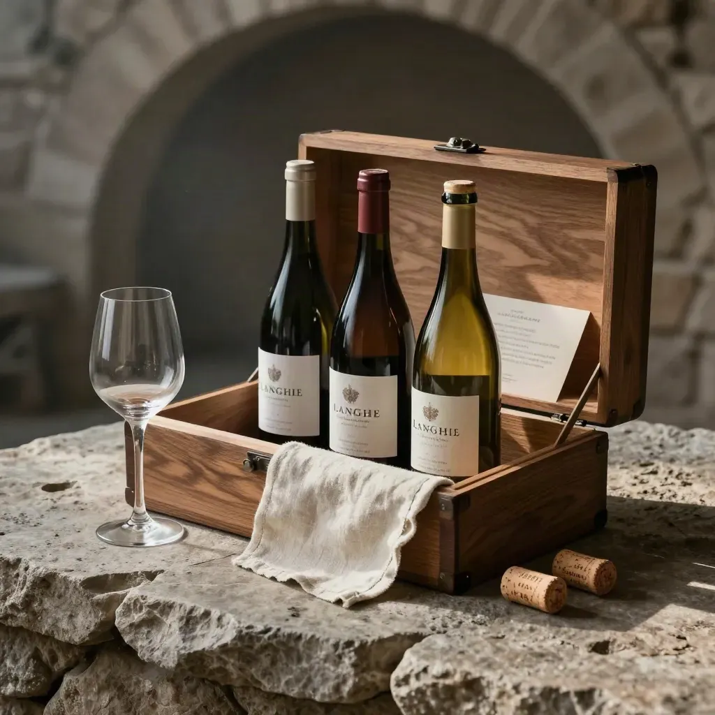 Cassa degustazione con tre bottiglie di Langhe, lino e calice su pietra, luce morbida.