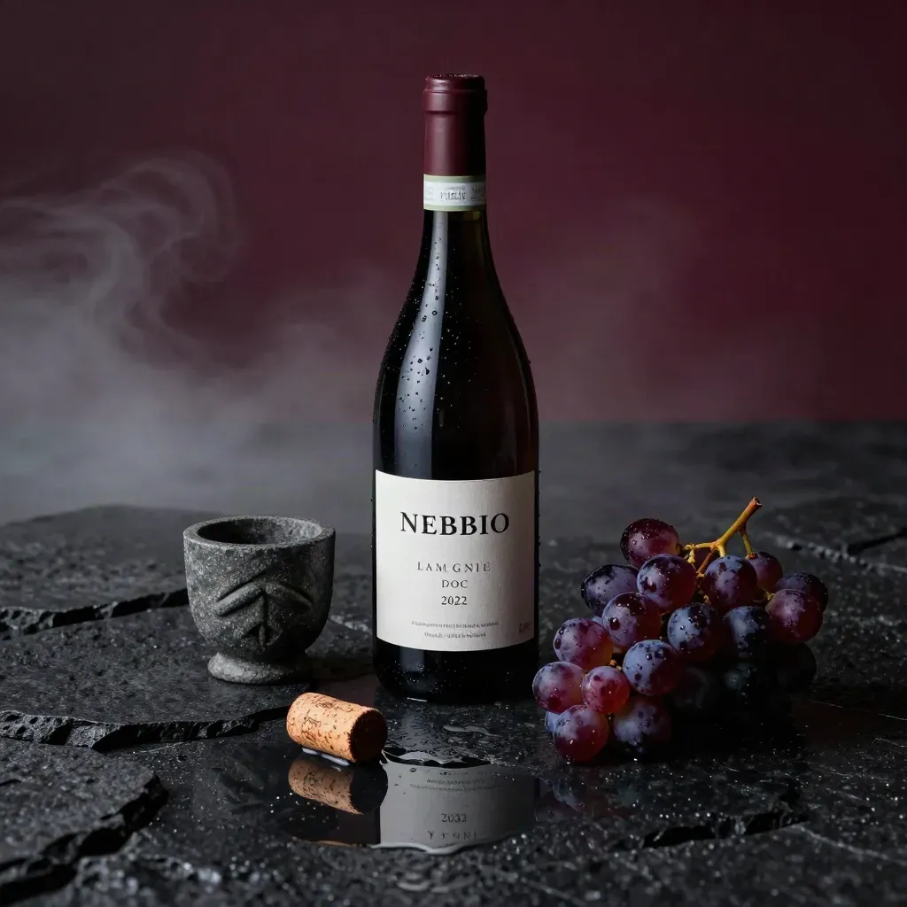 Bottiglia di Nebbiolo su basalto bagnato con calice in pietra e grappolo d’uva schiacciato.