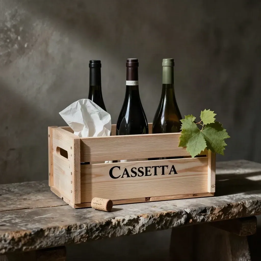 Cassetta di tre bottiglie Nebbiolo su panca di pietra, con tralci di vite e un sughero.