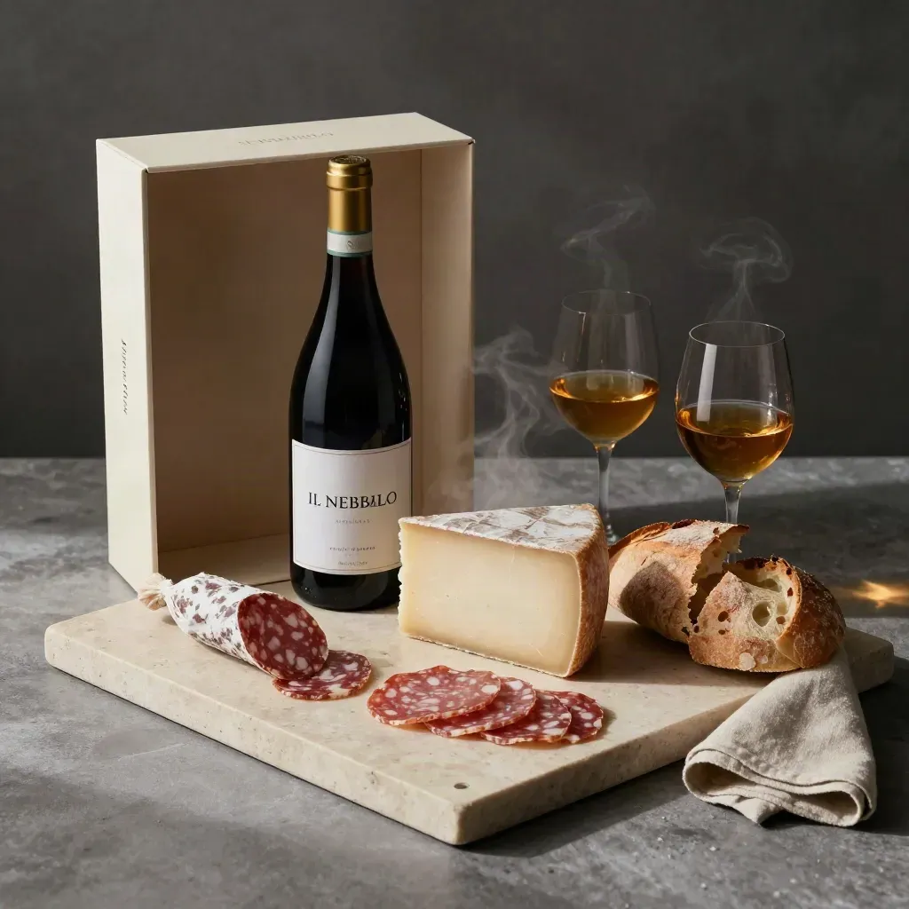 Vista dall’alto di box formaggi e vino con pane, salumi, formaggio e due calici su pietra chiara.
