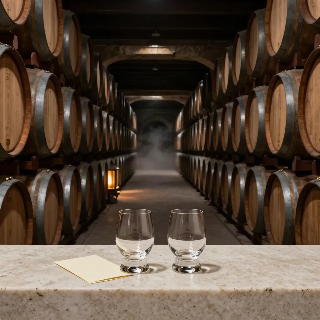 Corridoio di botti con due calici su mensola di pietra e luce di lanterna, atmosfera di cantina.