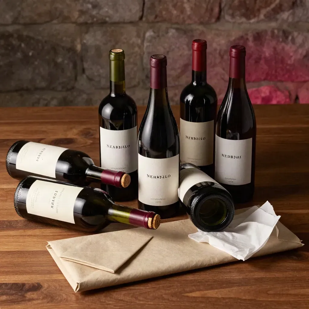 Sei bottiglie Nebbiolo con carta e tissue su banco di cantina, vista dall’alto.