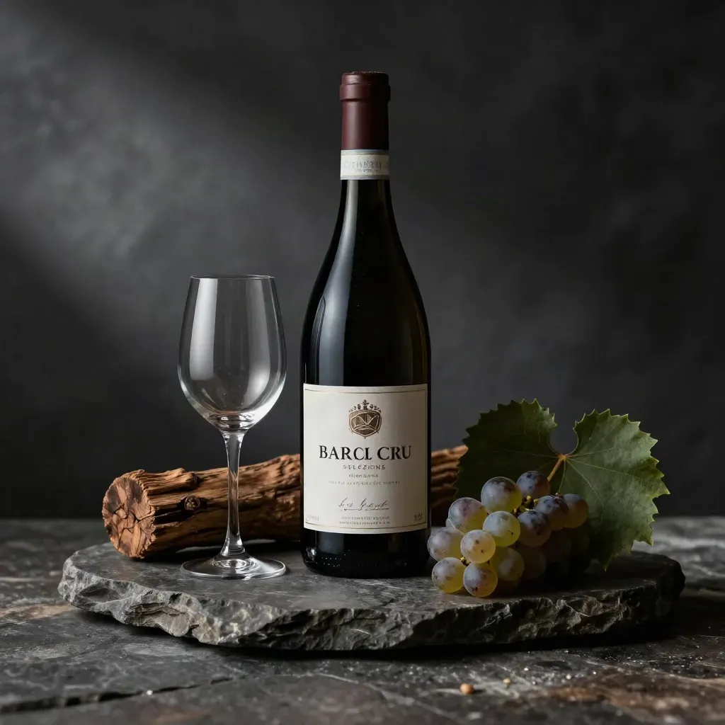 Barolo cru selezione in bottiglia con calice, doga di rovere e grappolo d’uva su pietra scura