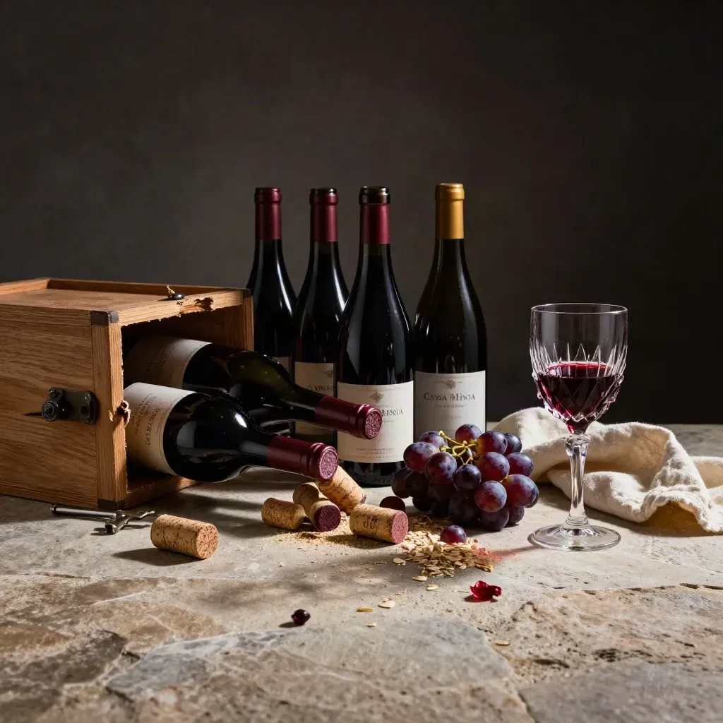 Cassa mista di vini Langhe con bottiglie, uva, lino e calice in luce drammatica