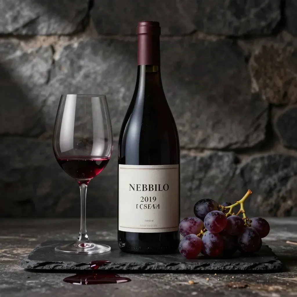 Bottiglia di Nebbiolo Riserva, calice e grappolo d'uva su ardesia scura in luce drammatica
