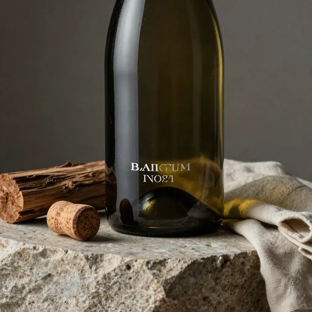 Barolo magnum su piedistallo di pietra con doghe in rovere, tappo e lino