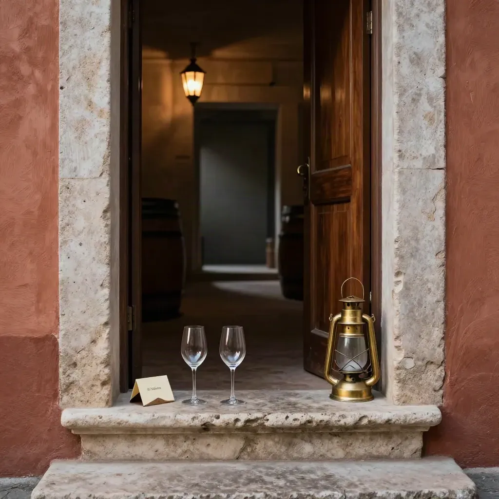 Ingresso in barricaia con due calici, lanterna e gradino di pietra consumato
