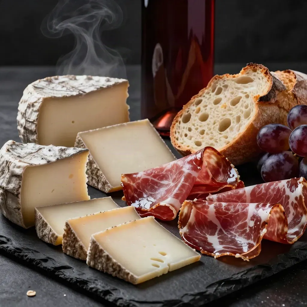 Tagliere con formaggi, salumi, pane, uva e bottiglia su ardesia scura
