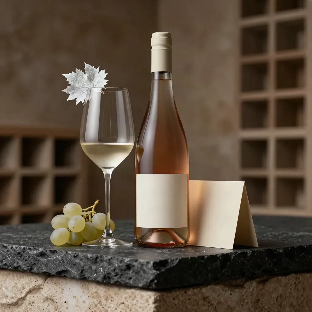 Bottiglia di Nebbiolo Rosé con calice e tralcio d’uva su fondo scuro da cantina