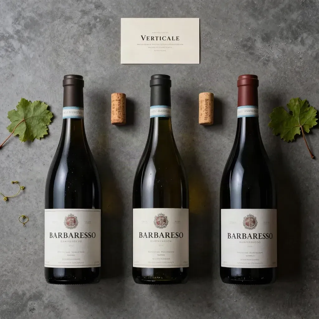 Tre bottiglie di Barbaresco su pietra, con tappi e foglie di vite, viste dall’alto.