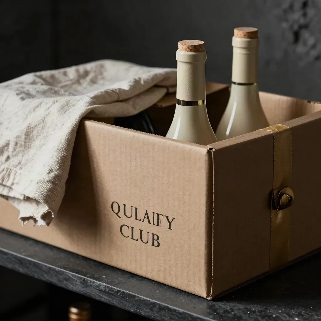 Scatola club vino con bottiglie avvolte in carta velina e lino, luce radente da cantina.