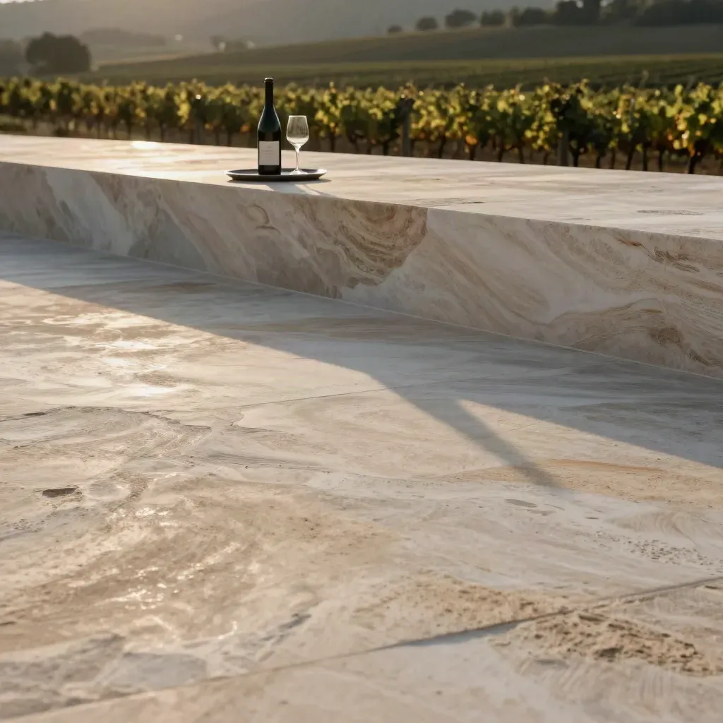 Terrazza in travertino con bottiglia sfocata e filari d’uva lontani, luce calda