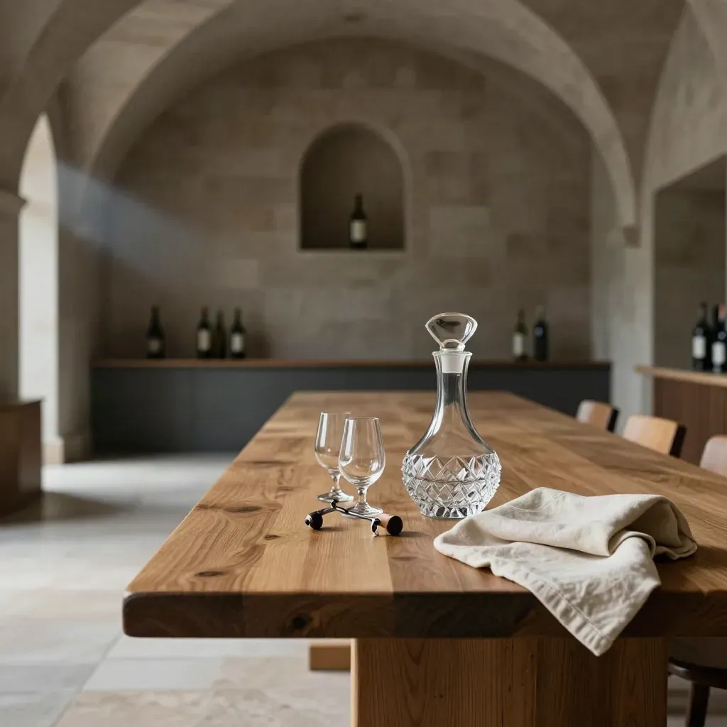 Sala degustazioni con tavolo in legno, pietra scura e luce calda dall’alto.