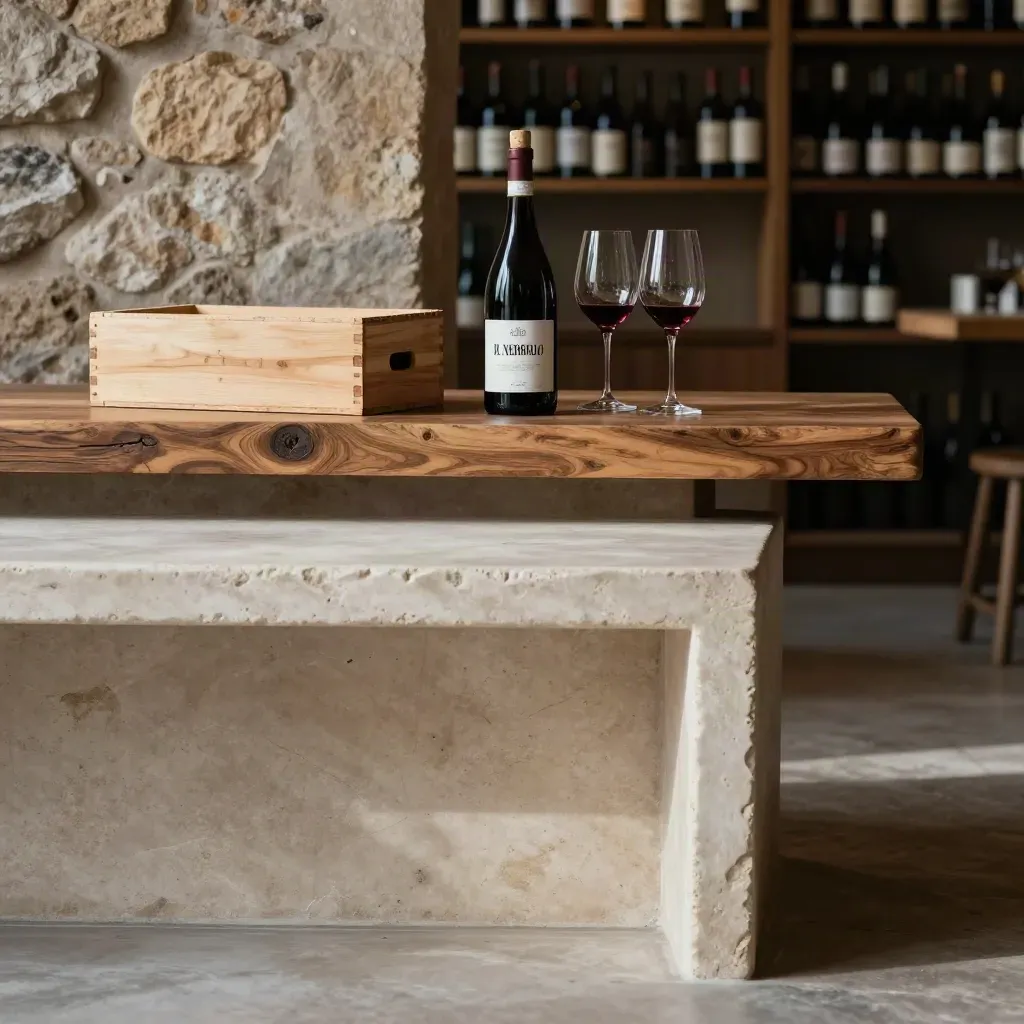 Salotto di cantina con bottiglia Nebbiolo, calici e scaffali sfocati nella luce del pomeriggio