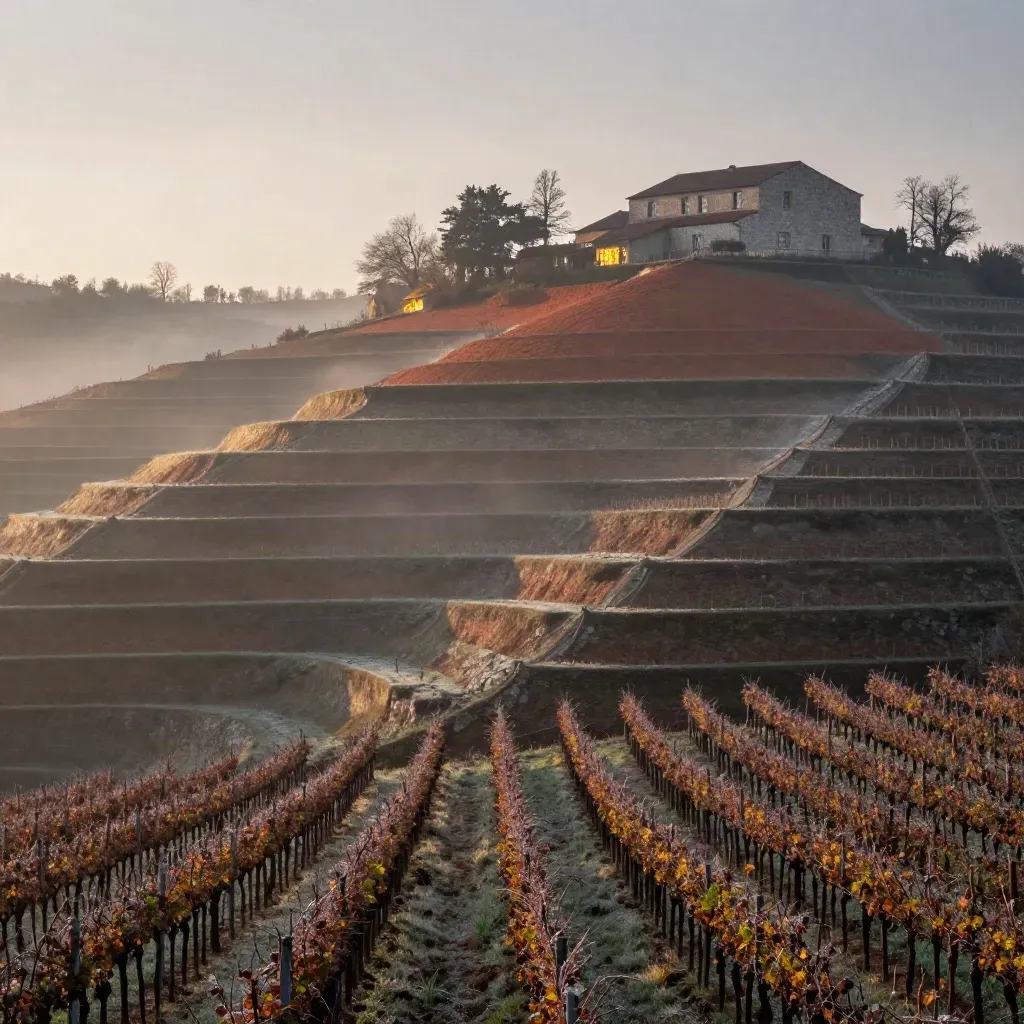 Vigneto terrazzato all’alba con nebbia e cascina in lontananza